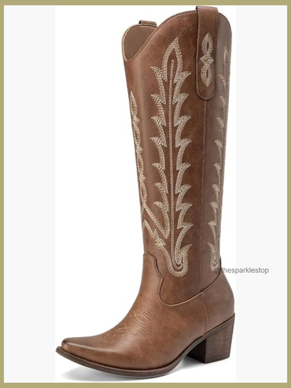 Cowboy Boots Knee High Chunky Heel Embroidered Square Toe Slip-On Faux Leather